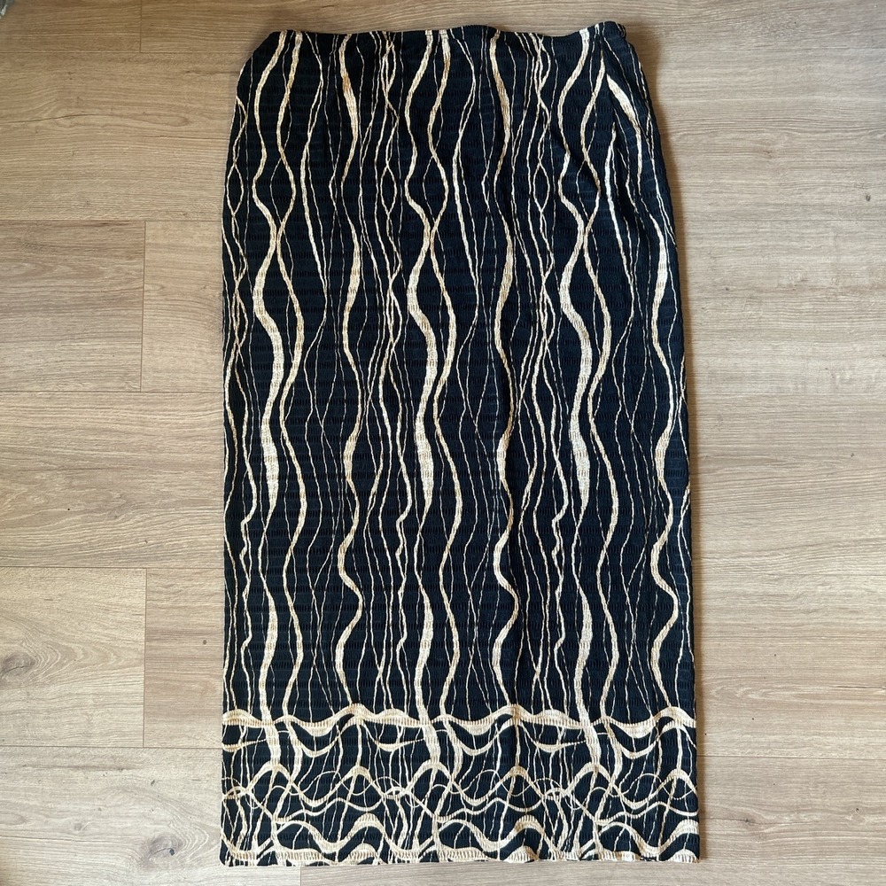 Pleat Pleat by Rafael Vintage Gold Black Abstract Wave Pleated Maxi Skirt